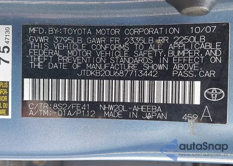 2008 Toyota Prius z USA, uszkodzony, nr VIN JTDKB20U687713442